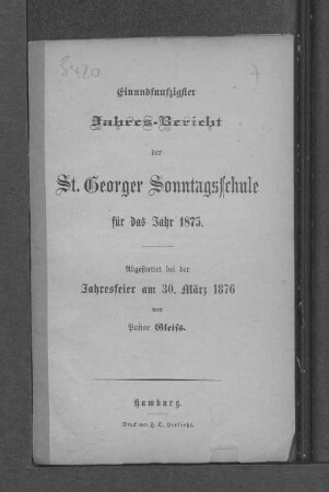 51.1875(1876): Jahres-Bericht der St. Georger Sonntagsschule (Stiftskirche) für das Jahr ...