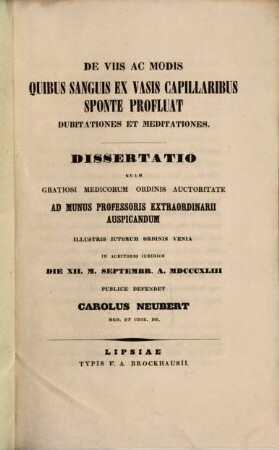 De viis ac modis quibus sanguis ex vasis capillaribus sponte profluat dubitationes et meditationes : dissertatio ...