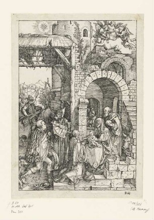 Anbetung der Könige, Blatt 12 aus: Albrecht Dürer, "Epitome in Divae Parthenices Mariae Historiam ab Alberto Durero Norico per figuras digestam cum versibus annexis Chelidonii", Nürnberg 1511, S. Biiij