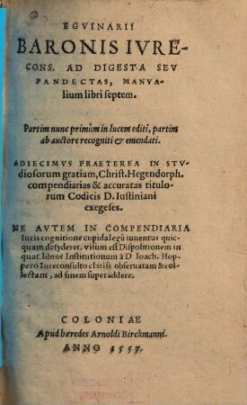 Eguinarii Baronis ad digesta seu pandectas, manualium libri septem