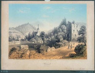 Ansicht von Tharandt mit der Burgruine und der Stadt- und Bergkirche (aus: Paynes Universum, III, 241.)