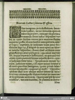 Benevolo Lectori salutem & officia