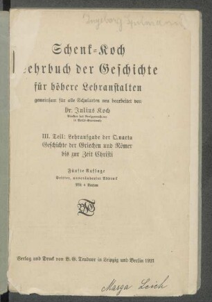 T. 3: Lehraufgabe der Quarta : Geschichte der Griechen und Römer bis zur Zeit Christi