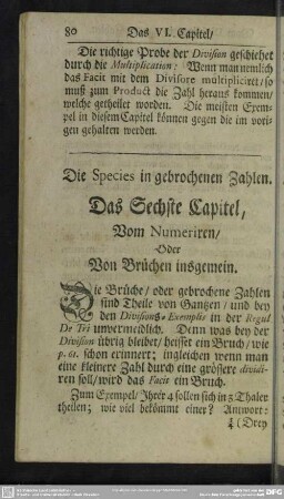 Das Sechste Capitel, Vom Numeriren, oder Von Brüchen insgemein