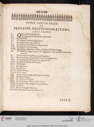 Index capitulorum de profanis aegyptiorum ritibus, liber primus.