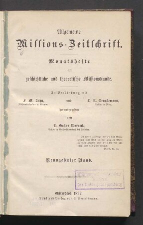 19.1892: Allgemeine Missions-Zeitschrift : Monatsh. für geschichtl. u. theoret. Missionskunde