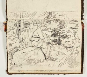 Im Wald auf einem Stein ruhende Figur