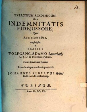 Exercitium Academicum De Indemnitatis Fidejussore