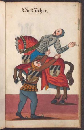 Turnierreiter und Diener als Narr gekleidet, mit Wappen Tucher