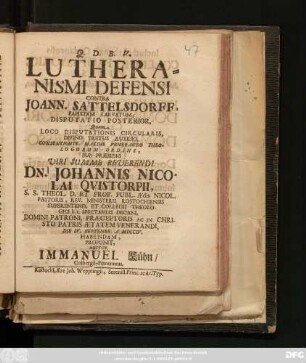 Disputatio 2: Lutheranismi Defensi Contra Joann. Sattelsdorff, Papistam Larvatum