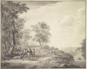 An einem Abhang ein schlafender Schäfer mit seiner Herde, weiter links eine Bäuerin zu Pferde umgeben von drei mit ihr zu Markte ziehenden Bauern