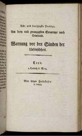 Acht und funfzigste Predigt. Am drey und zwanzigsten Sonntage nach Trinitatis. Warnung vor den Sünden der Unkeuschheit.