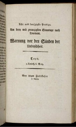 Acht und funfzigste Predigt. Am drey und zwanzigsten Sonntage nach Trinitatis. Warnung vor den Sünden der Unkeuschheit.