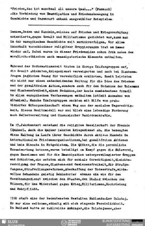 Frieden, das ist manchmal all unsere Qual ... (Pannach) : die Verbindung von Emanzipation und Friedensbewegung in Geschichte und Gegenwart anhand ausgewählter Beispiele
