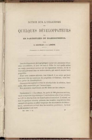 Action Sur L'Organisme De Quelques Développateurs Et En Particulier Du Diamidophénol