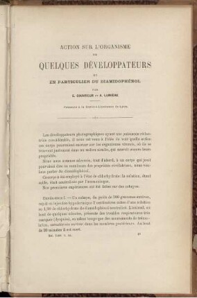Action Sur L'Organisme De Quelques Développateurs Et En Particulier Du Diamidophénol