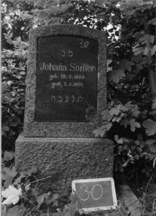 Grabstein 30 (Index: 99753470) Material: Granit ? Zustand: gut Maße HxBxT: 107x47x15 cm Beschreibung: Stele, Sockel, Stele mit Segmentbogen, Schrifttafel mit Segmentbogen: Grabstein 30