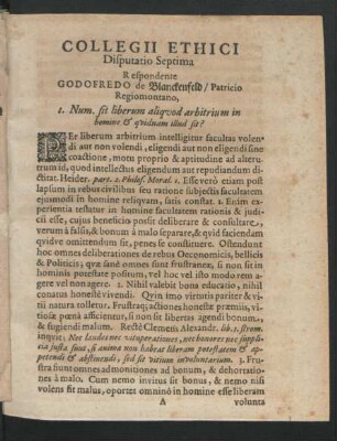 Collegii Ethici Disputatio Septima. respondente Godofredo de Blanckenfeld
