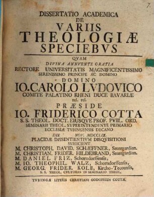 Joh. Friderici Cotta Dissertatio de variis theologiae speciebus