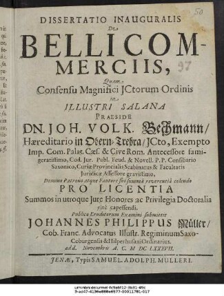 Dissertatio Inauguralis De Belli Commerciis