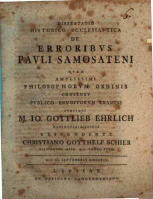 Dissertatio Historico-Ecclesiastica De Erroribvs Pavli Samosateni