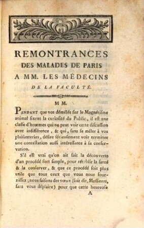 Remontrances des Maladies aux Medecins de la faculté de Paris