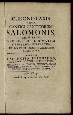 Chronotaxis Nova Cantici Canticorum Salomonis, ...
