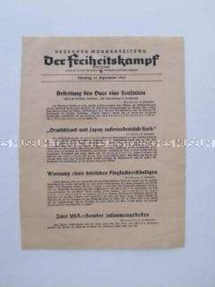 Nachrichtenblatt der sächsischen NSDAP-Zeitung "Der Freiheitskampf" mit Kurzmeldungen von verschiedenen Kriegsschauplätzen u.a. zur Befreiung von Mussolini