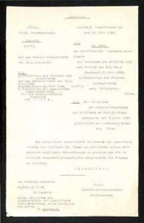Anweisung zur Unterstützung der Reisepläne von Eberhard Fraas an das Kaiserliche Gouvernemet in Windhuk