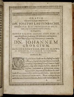 Oratio Clarissimi & Experientissimi viri Dn. Josephi Lautenbachii [...] Dn. Johannem Georgium, Hæredem Norwegiæ [...]