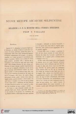 1: Nuove metope arcaiche selinuntine : Relazione a S. E. il Ministro della pubblica istruzione prof. P. Villari
