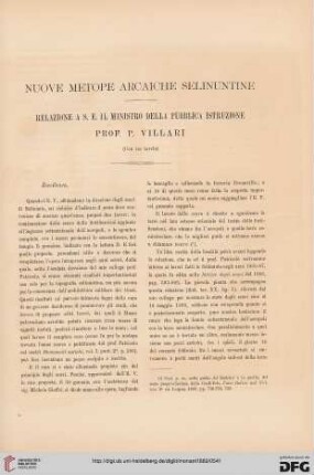 1: Nuove metope arcaiche selinuntine : Relazione a S. E. il Ministro della pubblica istruzione prof. P. Villari
