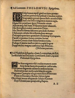 Hoc in volumine infra scripta continentur Epistola dedicatoria Philomusi ... Opus aureu[m] Clau. Claudiani De raptu Proserpinae : cu[m] quibusdam glossematibus ...