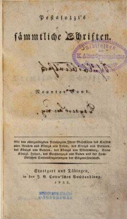 Pestalozzi's sämmtliche Schriften, 9. Vermischte Schriften.1822.300 S.