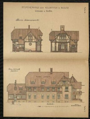 Oben: Pförtnerhaus der Heilstätten in Beelitz. Rechte Seitenansicht / Unten: Haus Calmuth. Jägerhaus