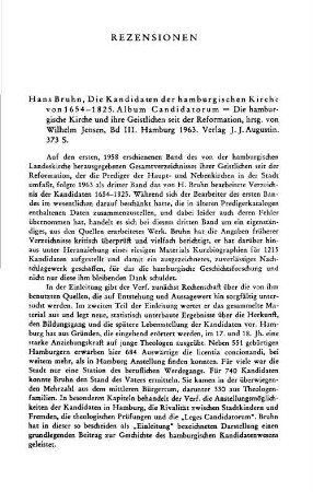Bruhn, Hans :: Die hamburgische Kirche und ihre Geistlichen seit der Reformation, hrsg. von Wilhelm Jensen, Bd. 3, Die Kandidaten der hamburgischen Kirche von 1654 - 1825, album candidatorum : Hamburg, Augustin, 1963