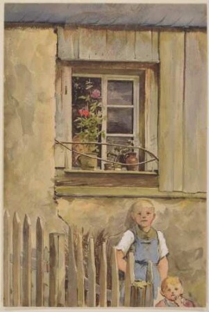Kinder vor dem Fenster eines Bauernhauses