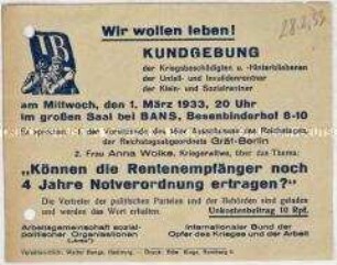 Ankündigung einer Kundgebung der Arbeitsgemeinschaft sozialpolitischer Organisationen und des Internationalen Bundes der Opfer des Krieges und der Arbeit gegen Notverordnungen