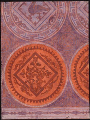 Buchornamentik: Codex Aureus Epternacensis (Goldenes Evangeliar von Echternach): Teilansicht Purpur-Zierseite mit Medaillons mit Tierornamentik (Nachahmung byzantinischer Seidengewebe)