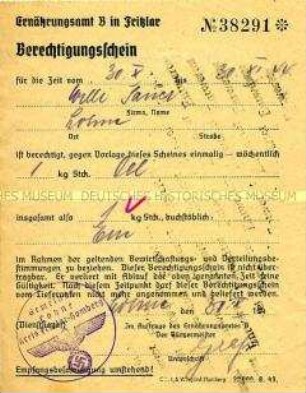 Berechtigungsschein für den Bezug von 1 kg Öl