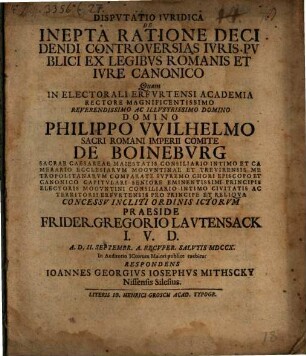 Disputatio Iuridica De Inepta Ratione Decidendi Controversias Iuris Publici Ex Legibus Romanus Et Iure Canonico