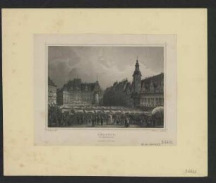 Ansicht vom Markt in Leipzig, Stahlstich, 1862 : Leipzig : der Marktplatz / L. Rohbock delt. G. M. Kurz sculpt. - Darmstadt : Lange , [1862]. - 1 Kunstbl. : Stahlst. ; 17 x 12 cm +++ Auch enth. in: Das @Königreich Sachsen, Thüringen und Anhalt dargestellt in malerischen Original-Ansichten ihrer interessantesten Gegenden, Städte, Badeorte, Kirchen, Burgen und sonstigen ausgezeichneten Baudenkmäler alter und neuer Zeit