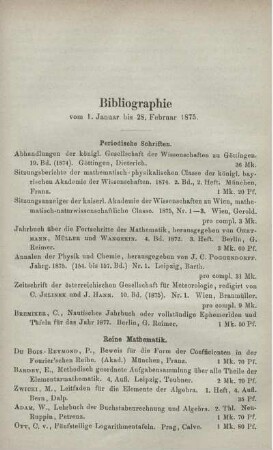 Bibliographie vom 1. Januar bis 28. Februar 1875.