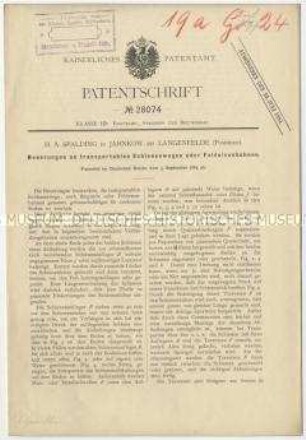 Patentschrift einer Neuerung an transportablen Schienenwegen oder Feldeisenbahnen, Patent-Nr. 28074