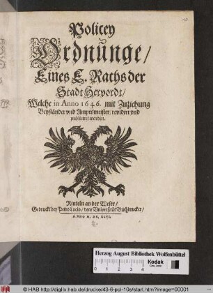 Policey Ordnunge/ Eines E. Raths der Stadt Hervordt : Welche in Anno 1646. mit Zuziehung Beyständer und Amptsmeister/ revidirt und publiciret worden