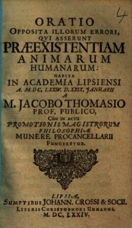 Oratio Opposita Illorum Errori, Qui Asserunt Praeexistentiam Animarum Humanarum