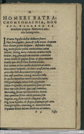 Homeri Batrachomyomachia, Hoc Est, Ranarum Re murium pugna : Simone Lemnio Interprete