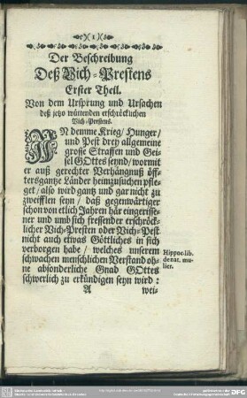 Erster Theil. Von dem Ursprung und Ursachen deß jetzo wüttenden erschröcklichen Vich-Prestens