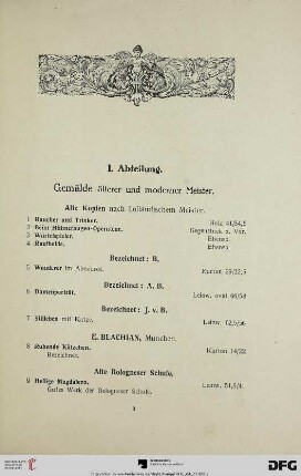 I. Abteilung. Gemälde älterer und moderner Meister (Nr. 1-210)