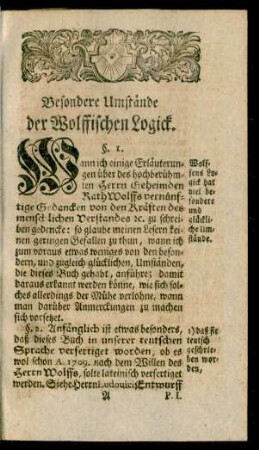Besondere Umstände der Wolffischen Logick